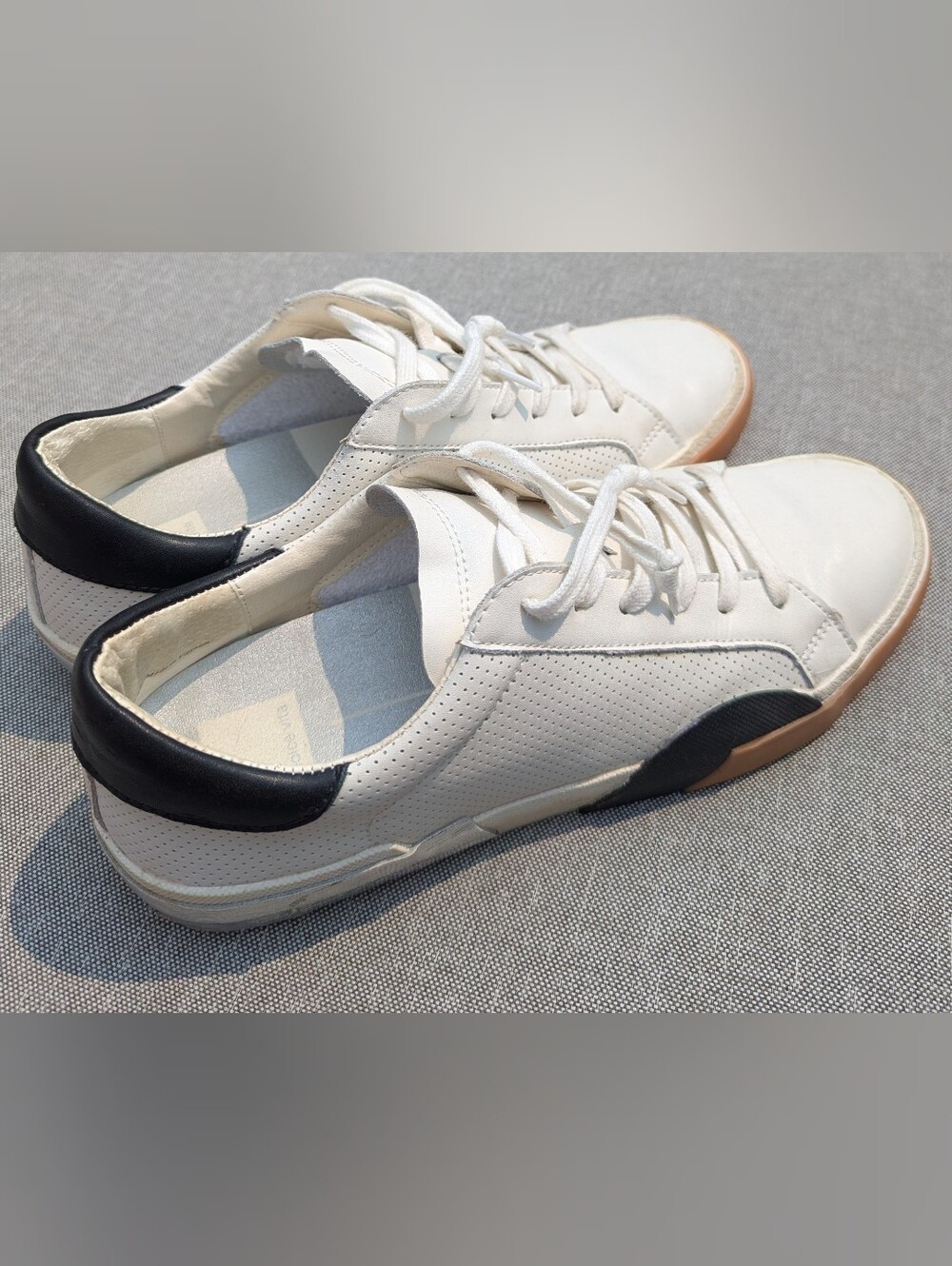 Women's Dolce Vita Zina White Leather Casual Sneakers with Black/Silver Accent